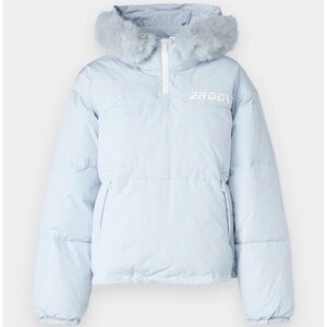 Ski women’s Light Blue winter Puffer Jacket fur trimmed hood half zip padded